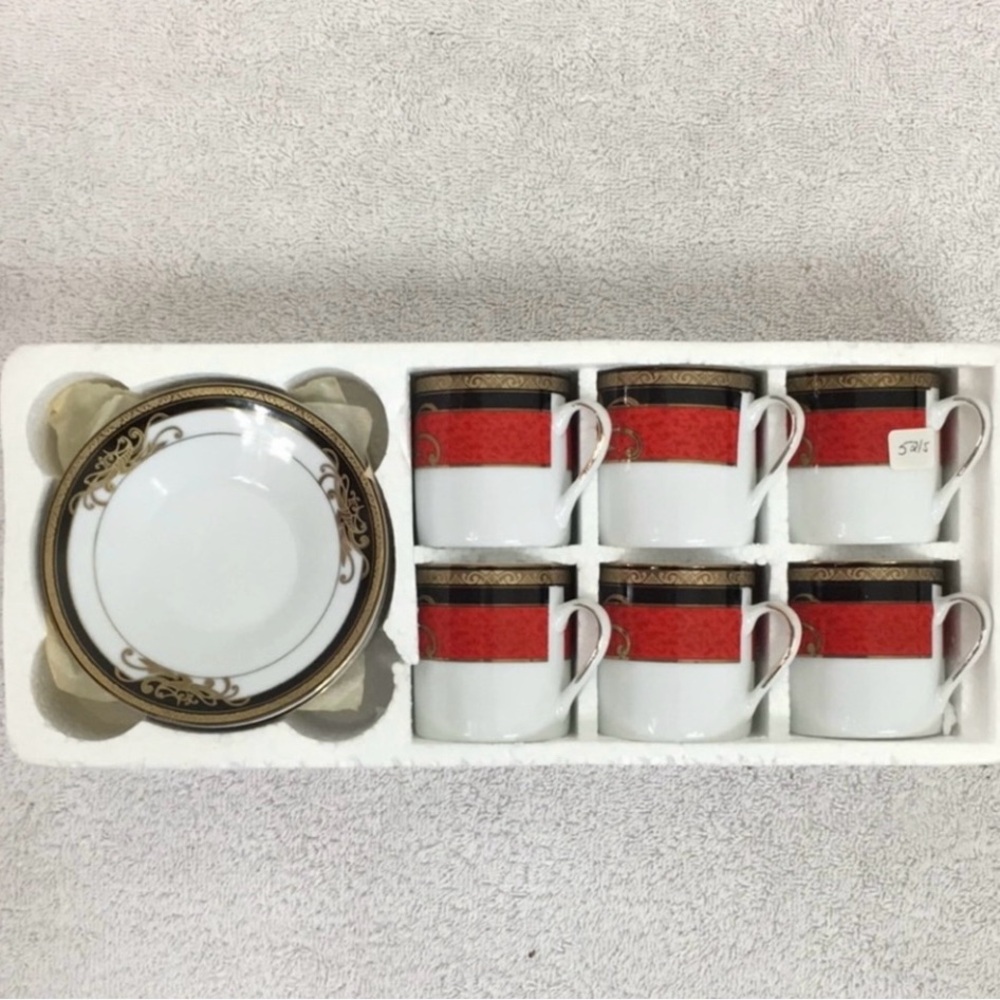 Vintage Imperial Table Red Black Small 6 Coffee Cup Saucer Porcelain Fine China